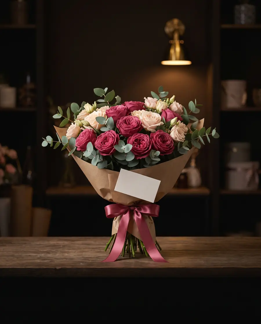 A dozen blush and cream garden roses ready as a gift