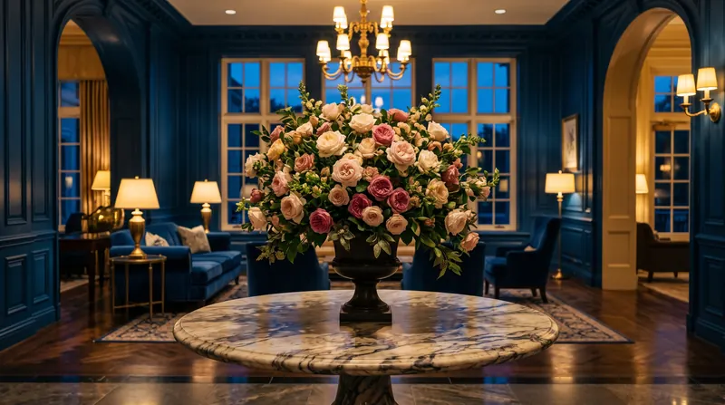 A grand rose arrangement in a sapphire hotel lobby