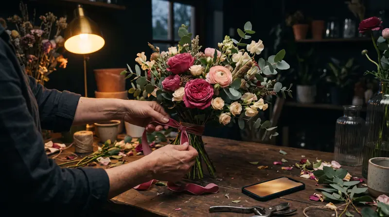 A florist's workbench with stems, ribbon and shears in warm light